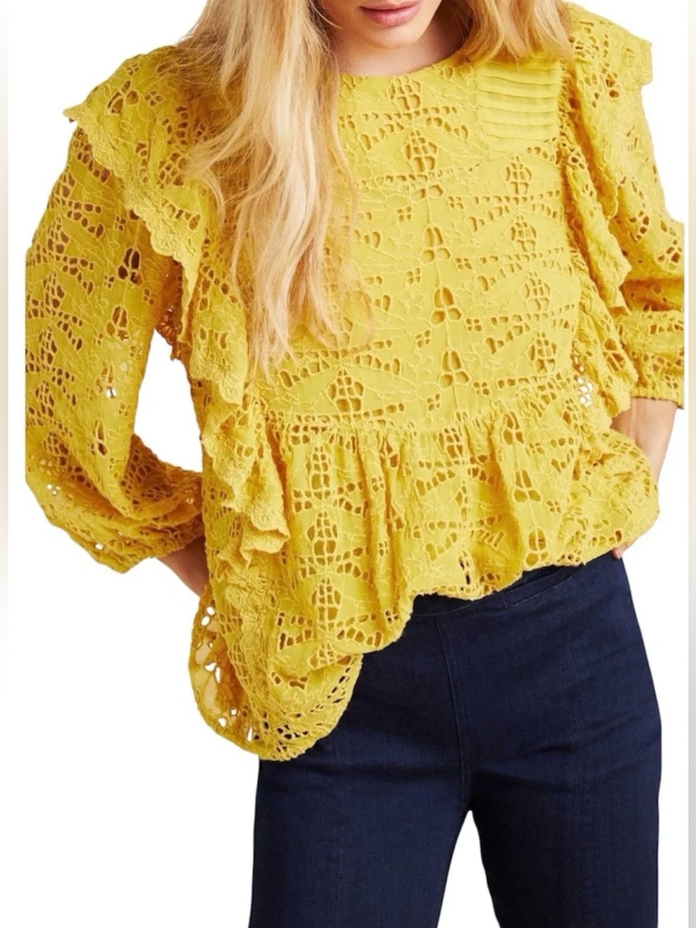 By Anthropologie Clementine Ruffle Peplum Blouse, Size 10, Color Mustard Yellow